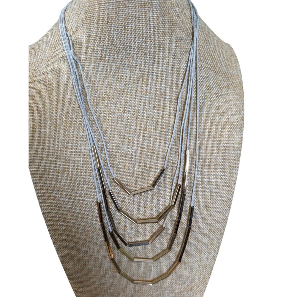 Unbranded Multi-Strand Layered Bib Necklace Gold Tone Bar Grey Cord Layering
